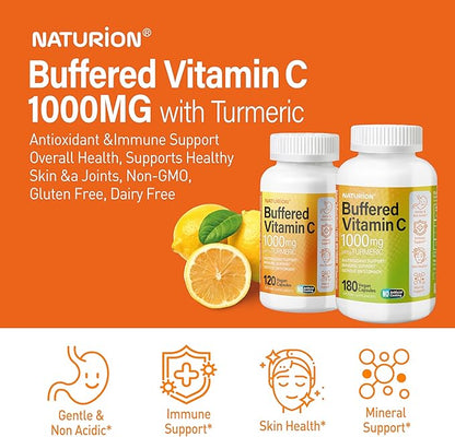 Buffered Vitamin C 1000 mg with Organic Turmeric - Antioxidant & Immune Support - Healthy Skin & Joints - Gluten & Dairy Free - 120 Vegan Capsules, 120 Day Supply