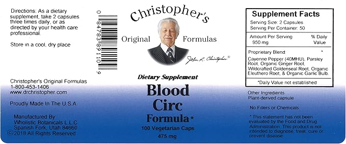 Christopher's Original Formulas Blood Circ Formula Capsules, Herbal Supplement for Cardiovascular & Circulatory Wellness, 100 Capsules