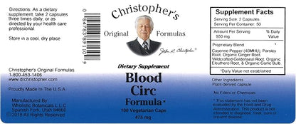 Christopher's Original Formulas Blood Circ Formula Capsules, Herbal Supplement for Cardiovascular & Circulatory Wellness, 100 Capsules