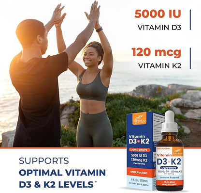 Sandhu's Vitamin d Drops for Adults | 5000 IU D3 Liquid, 120mcg K2 Supplement | D3K2 Supports Immune & Bone Health | Vitamin D3 K2 Drops for Faster Absorption | 1 Fl Oz