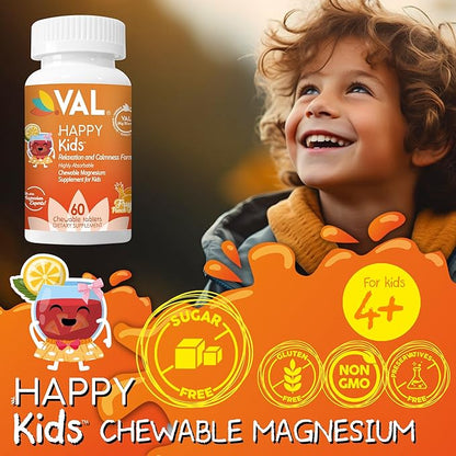 VAL Magnesium for Kids | High-Absorption Magnesium for Calm, Relaxation & Focus | Mg Glycinate, Citrate & Taurate | with Vitamin B6, D & C | Sugar-Free, Non-GMO | 60 Chewable Tablets