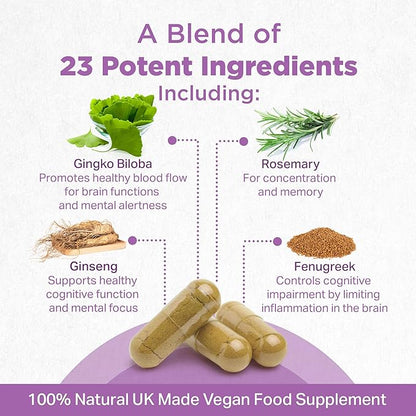 Strength & Spices Memory Booster and Focus Supplement with Ginkgo Biloba and 22 Super Ingredients, Plant-Based Brain Supplement for Memory, Clarity, and Alertness, 1000mg, 60 Capsules