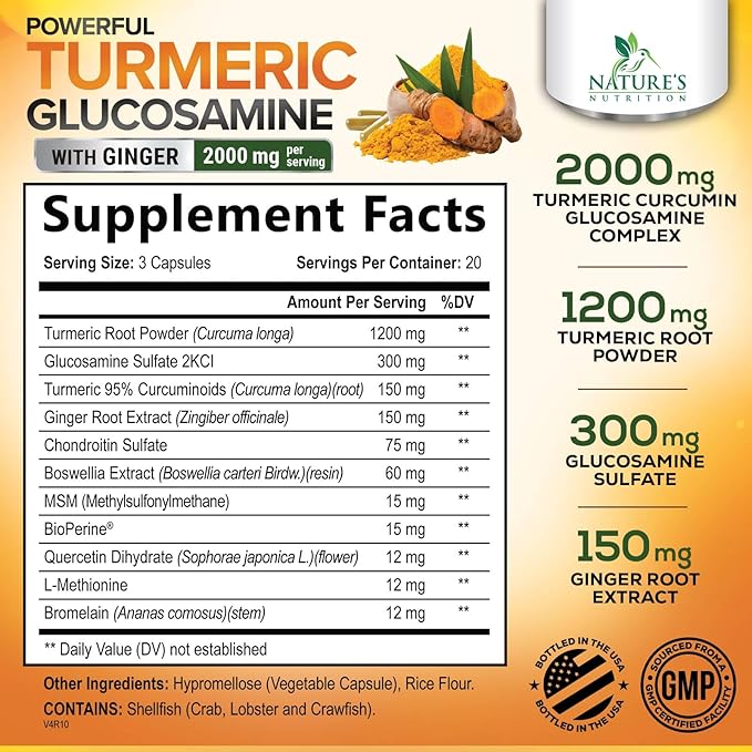 Turmeric Curcumin Supplement 2000mg with Glucosamine Chondroitin & Ginger, 95% Curcuminoids, BioPerine Black Pepper for Best Absorption, Nature's Joint Support, Non-GMO, Bottled in USA - 60 Capsules