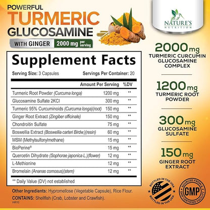 Turmeric Curcumin Supplement 2000mg with Glucosamine Chondroitin & Ginger, 95% Curcuminoids, BioPerine Black Pepper for Best Absorption, Nature's Joint Support, Non-GMO, Bottled in USA - 60 Capsules