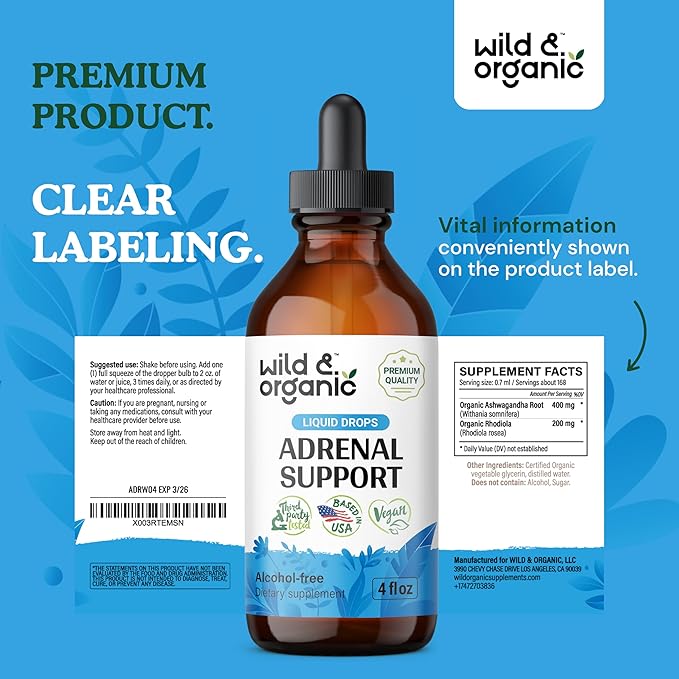 Wild & Organic Adrenal Support Drops for Positive Outlook - Natural Adrenal Support Supplements for Women and Men - Vegan, No Sugar & Alcohol - 2-Month Supply - 4 fl oz