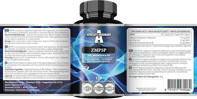 APOLLO'S HEGEMONY ZMP5P 375 mg per Portion - Magnesium, Zinc, Vitamin B6 in Chelated Form - 120 Vegan Capsules - 40 Day Supply - for Enhanced Health and Wellness