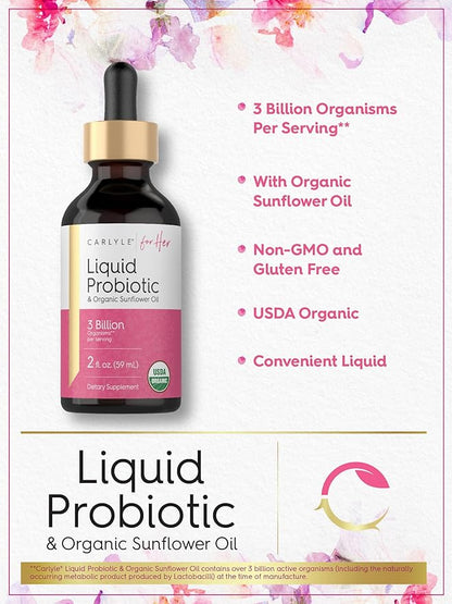 Carlyle Liquid Probiotic for Women | 2 fl oz | with Organic Sunflower Oil | 3 Billion Active Organisms | Dietary Supplement for Her