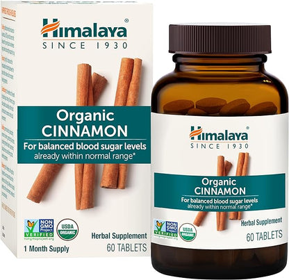 Himalaya Organic Cinnamon, for Glycemic Support, 1100 mg Daily, 60 Tablets, from Cassia Cinnamon Bark and Ceylon Cinnamon Extract, Non-GMO Project Verified, Vegan, Gluten Free Herbal Supplement