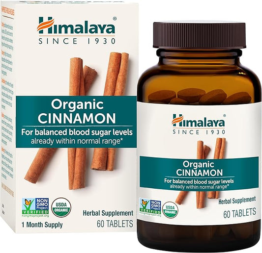 Himalaya Organic Cinnamon, for Glycemic Support, 1100 mg Daily, 60 Tablets, from Cassia Cinnamon Bark and Ceylon Cinnamon Extract, Non-GMO Project Verified, Vegan, Gluten Free Herbal Supplement