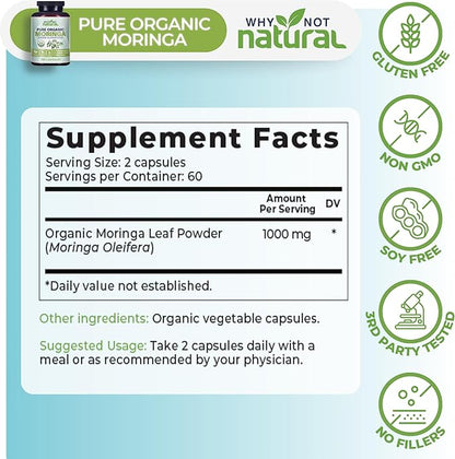 Why Not Natural Organic Moringa Pure Capsules - Green superfood Powder Supplement Pills - Maringa
