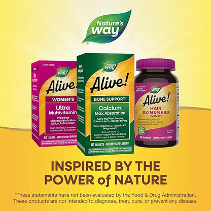 Nature's Way Alive! Calcium Max Absorption, Plant Source Calcium, Vitamin D3 & K2, Magnesium, Bone Support*, 60 Tablets (Packaging May Vary)