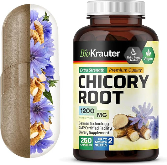 BIO KRAUTER Chicory Fiber Supplement - 1200 mg Strength - 250 Count - Chicory Root Powder - Inulin Capsules for Digestive Support - Vegan