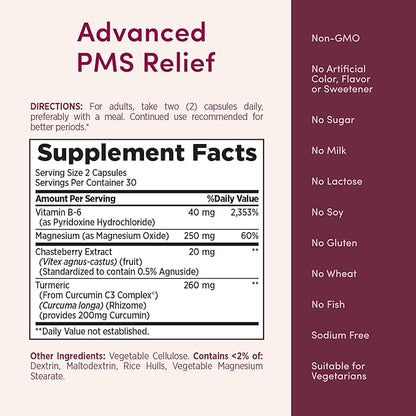 Nature's Bounty Optimal Solutions Advanced PMS Relief for Menstrual Cycle Support; Period Relief; PMS Support Supplement for Women – Chasteberry; Hormone-Free; 60 Capsules