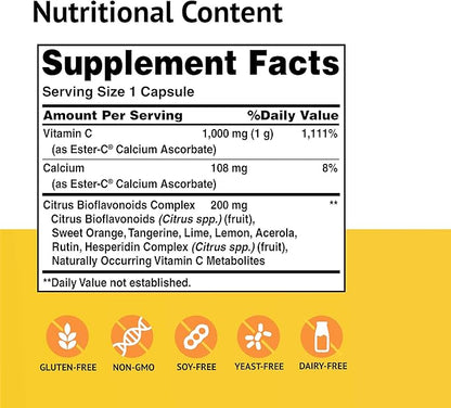 Ester-C American Health with Citrus Bioflavonoids Capsules - 24-Hour Immune Support, Gentle On Stomach, Non-Acidic Vitamin C - Non-GMO, Gluten-Free - 1000 mg, 90 Count