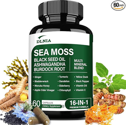 16-in-1 Organic Sea Moss, Ashwagandha, Black Seed Oil, Turmeric, Bladderwrack Burdock, Vitamin C & D3 with Elderberry Manuka Dandelion Yellow Dock
