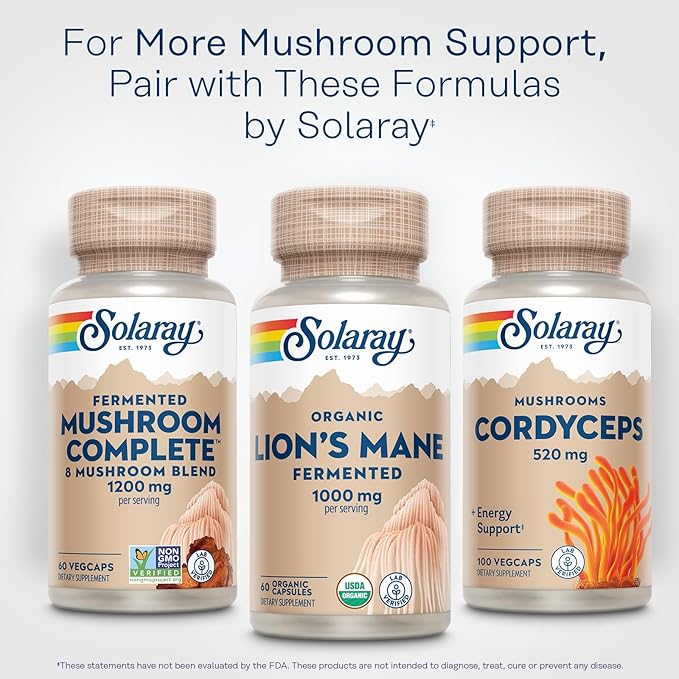 SOLARAY Organic Lions Mane Supplement Capsules - Providing 1000 mg of Lion's Mane Organic Mushrooms, Fermented for Enhanced Absorption - Vegan, 60-Day Guarantee, Lab Verified, 30 Servings, 60 VegCaps