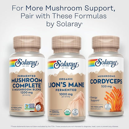 SOLARAY Organic Lions Mane Supplement Capsules - Providing 1000 mg of Lion's Mane Organic Mushrooms, Fermented for Enhanced Absorption - Vegan, 60-Day Guarantee, Lab Verified, 30 Servings, 60 VegCaps