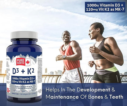 D3 + K2 Vitamin Supplement 180 Softgels - 6 Months Support, D3 1000IU + K2 MK7 120mcg with Organic Coconut Oil for Optimal Absorption - 3rd Party Tested & Proudly Canadian