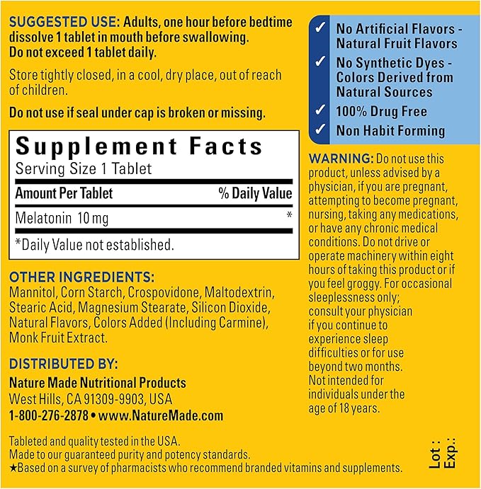 Nature Made Melatonin 10mg Fast Dissolve, Maximum Strength Nighttime Sleep Aid for Adults, 100% Drug-Free, 45 Tablets