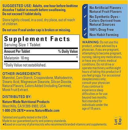 Nature Made Melatonin 10mg Fast Dissolve, Maximum Strength Nighttime Sleep Aid for Adults, 100% Drug-Free, 45 Tablets
