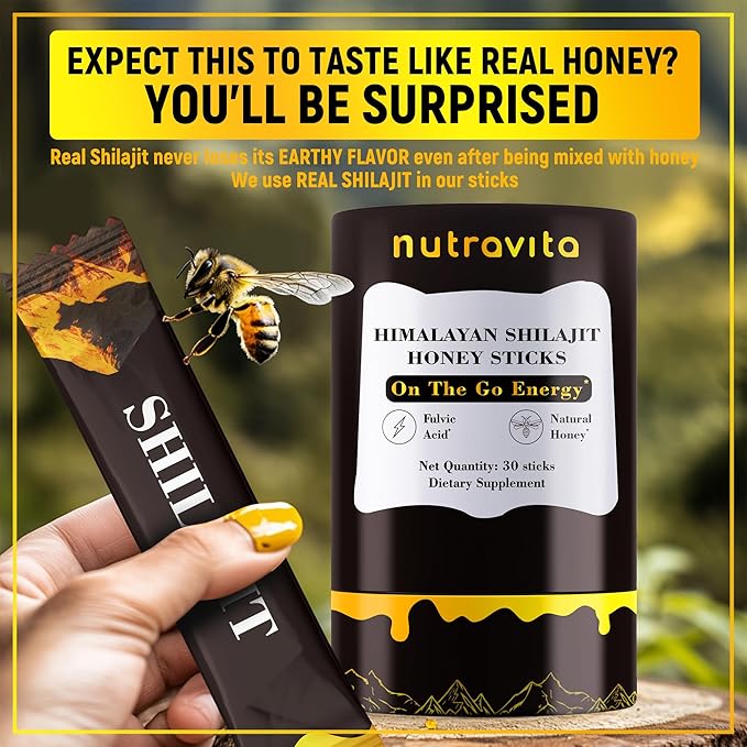 Shilajit Honey Sticks- 30 Sticks Himalayan Shilajit Honey Sticks Organic Honey & Saffron for Energy,Strength & Cognitive Support for Men & Women