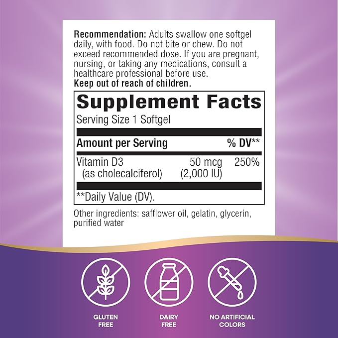 Nature's Way Vitamin D3 Extra Strength(1), Bone Health and Immune Function*, 2000 IU (50 mcg per Serving), 120 Softgels