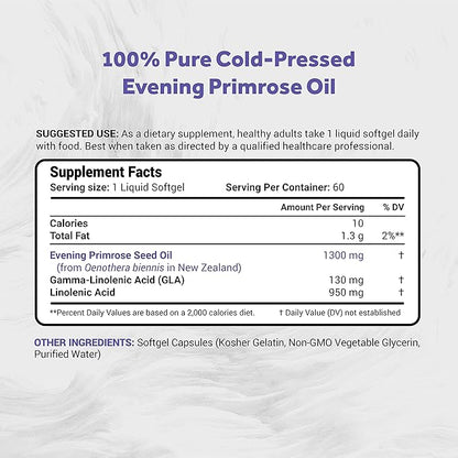 Evening Primrose Oil (1300mg) | 100% Natural from New Zealand | Non-GMO, Soy & Gluten Free, Zero Filler | 60 Softgels