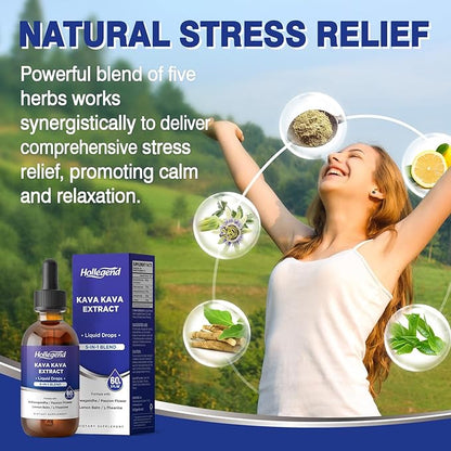 Kava Kava Root Extract Liquid Drops, 5 in 1 Blend with Ashwagandha, Lemon Balm, L-Theanine, Kava Tincture Supplement for Stress Relief, Sleep, Brain Health, 2 Fl Oz