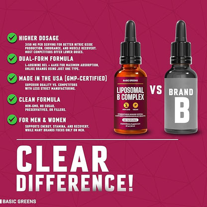 Liposomal B Vitamins Complex Liquid – High Absorption for Energy, Brain & Skin Health, Hair & Nails, Advanced Liposomal Delivery, Vegan, Non-GMO, 2 Fl Oz