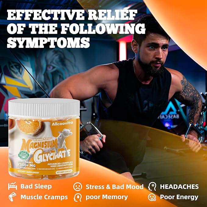 Magnesium Glycinate Soft Chews, Orange Flavor.Chewable Sugar Free Potassium Magnesium Chews with Magnesium Glycinate, Vitamin D, B6, and CoQ10 for Calm Support & Sleep for Adults, 60 Days Supply