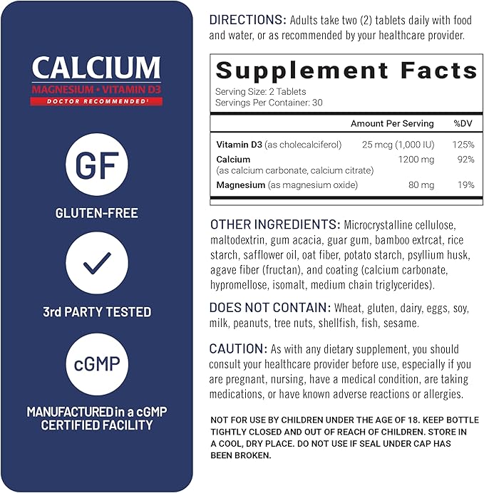 U.S. Doctors' Clinical 1200mg Calcium Citrate & Carbonate Complex with Magnesium & Vitamin D3 - Calcium Supplement for Bone Strength, Muscles & Nerves - Vegan, Non-GMO - 60 Tablets - 1-Month Supply