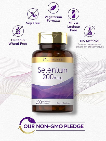 Carlyle Yeast Free Selenium Supplement | 200mcg | 200 Capsules | Vegetarian, Non-GMO, and Gluten Free Mineral Formula | L-Selenomethionine | Value Size