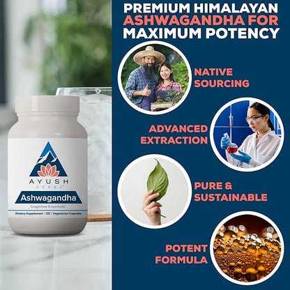 Ayush Herbs Ashwagandha Capsules - Ashwagandha for Men & Women, Ashwagandha Supplements, Pure Ashwagandha Root Powder for Stress, 500mg per Pill - 120 Vegetarian Caplets (1 Count)