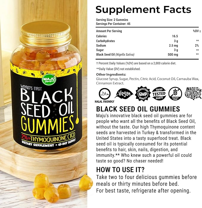 MAJU's Black Seed Oil Gummies 90ct, World's 1st, 2.5X Per BSO Gummy, Black Cumin Seed Nigella Sativa Oil, Cold-Pressed, Potent Formula with Cinnamon Extract, Tasty, 500mg 90ct