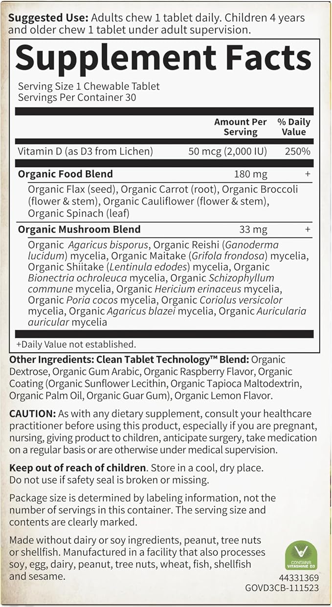 Garden of Life Organics Vegan Vitamin D3 Chewable - Raspberry Lemon, 2,000 IU (50mcg) Whole Food Vitamin D3 from Lichen Plus Food & Mushroom Blend, Gluten Free, 30 Chewable Tablets