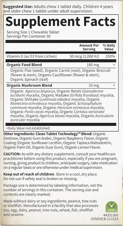 Garden of Life Organics Vegan Vitamin D3 Chewable - Raspberry Lemon, 2,000 IU (50mcg) Whole Food Vitamin D3 from Lichen Plus Food & Mushroom Blend, Gluten Free, 30 Chewable Tablets