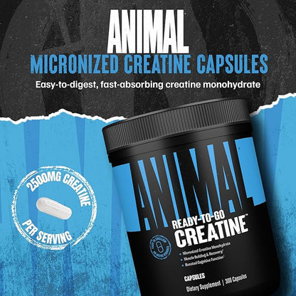 Animal Micronized Creatine Monohydrate Capsules - 300 Caps, 2500mg per Serving to Support Muscle Growth, Endurance, ATP Production, Cognitive Function, Strength, Recovery, and Delay Muscle Fatigue