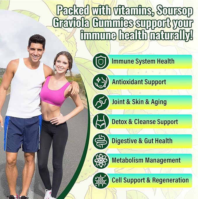 Soursop Graviola Gummies, Max Strength Soursop Leaves Extract with Sea Moss, Turmeric for Cell Support & Regeneration, Immunity, Liver and Antioxidant, Sugar/Gluten Free, Vegan - 60 Soursop Gummies