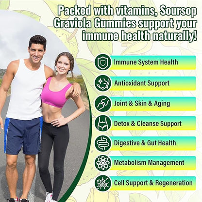 Soursop Graviola Gummies, Max Strength Soursop Leaves Extract with Sea Moss, Turmeric for Cell Support & Regeneration, Immunity, Liver and Antioxidant, Sugar/Gluten Free, Vegan - 60 Soursop Gummies