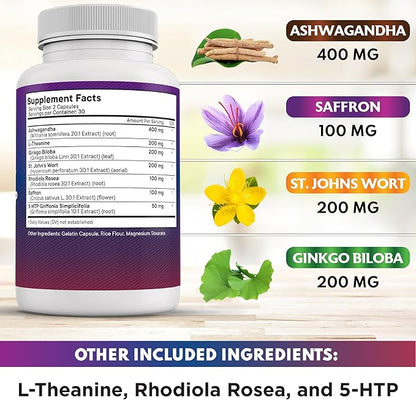 NEW AGE Saffron Supplements with Ashwagandha - Support with L-Theanine, Ginkgo Biloba, St. John's Wort, Rhodiola Rosea & 5-HTP - Saffron 180 Count