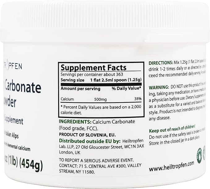 Calcium Carbonate Powder | 1 Pound - 454 g | Dietary Supplement | Highest Purity Limestone | CaCO3 | Heiltropfen®