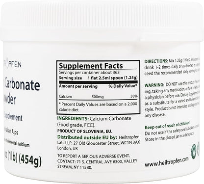Calcium Carbonate Powder | 1 Pound - 454 g | Dietary Supplement | Highest Purity Limestone | CaCO3 | Heiltropfen®