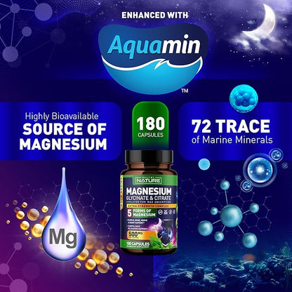 Magnesium Complex 500mg - 5 Forms of Magnesium Glycinate, Citrate, Malate, Oxide & Aquamin with 72 Trace Minerals - Chelated for Absorption - Supplement for Muscle, Nerve, Heart & Sleep (180 Capsules)