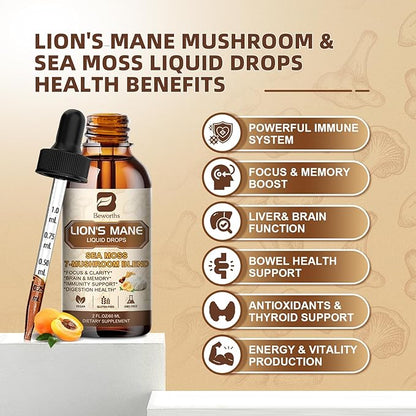 Lions Mane Mushroom Liquid Drops with 6 Mushroom Complex & Irish Sea Moss, Dual-Extracted for Cognitive & Immune Support – Vegan, Non-GMO Supplement – 60mL Peach Flavor