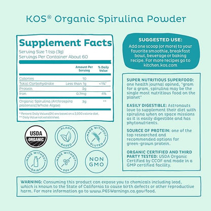 KOS USDA Organic Spirulina Powder, Natural Taste - 100% Pure, Non-Irradiated Vegan Green Blue Spirulina Superfood Powder, Plant Based - Rich in Protein, Vitamins, Antioxidants & Fiber, 60 Servings Bag