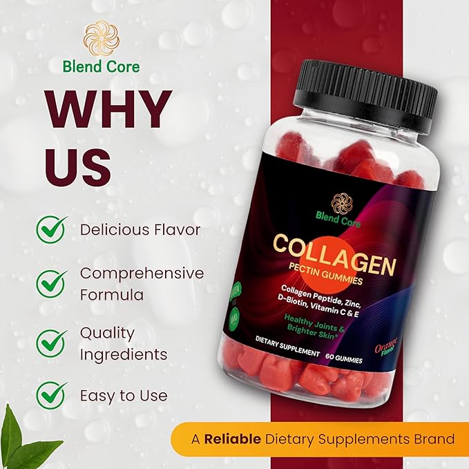 Collagen Gummies for Women & Men with D-Biotin, Vitamin C, E & Zinc - Gluten Free Collagen Peptides, Orange Flavor - Support Skin, Hair & Nail Health - 60 Gummies