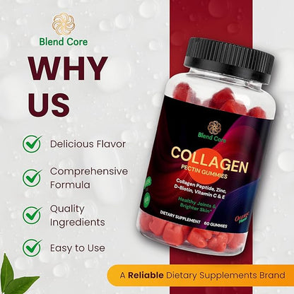 Collagen Gummies for Women & Men with D-Biotin, Vitamin C, E & Zinc - Gluten Free Collagen Peptides, Orange Flavor - Support Skin, Hair & Nail Health - 60 Gummies