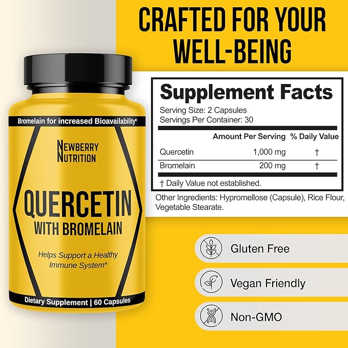 Quercetin with Bromelain Supplement 1200mg, Quercetin 500mg Capsules, Helps Support Healthy Immunity, Potent Antioxidant, 60 Count