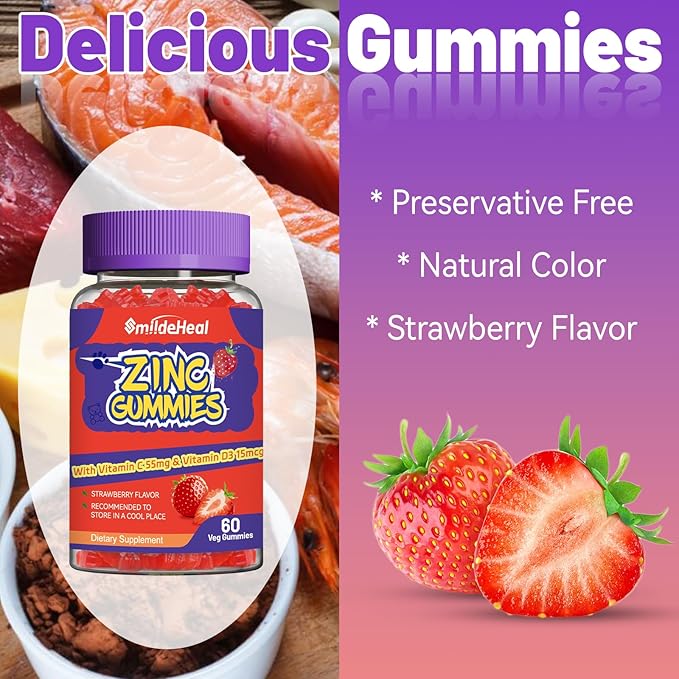 Zinc Gummies, Zinc 50mg, Zinc Citrate, with Vitamin C, Vitamin D3, Non-GMOs, Gluten Free, Strawberry Flavor Gummies, 60 Count