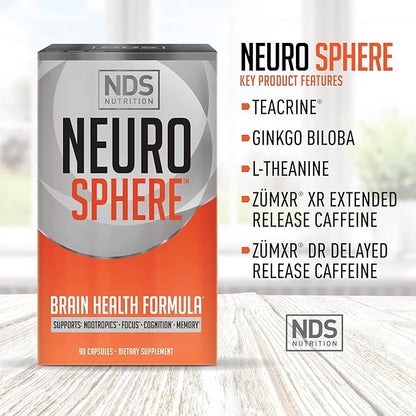 NDS Nutrition Neuro Sphere - Brain Health Formula - Nootropic, Increase Focus and Energy, Enhance Concentration, Antioxidant and Immunity Support - 90 Capsules